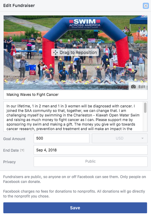 Swim Across America Facebook Fundraiser 2